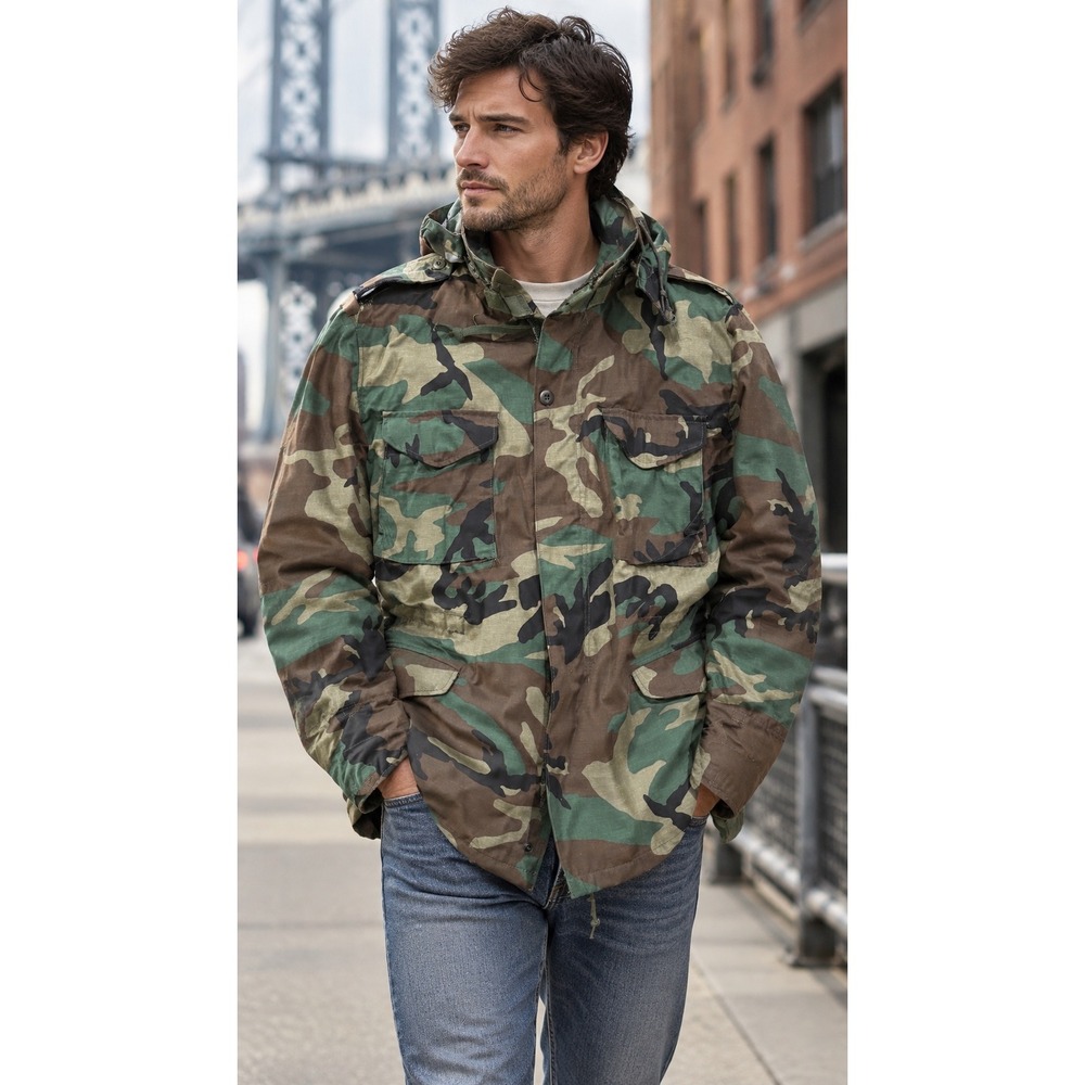 VTG 1985 US Military M-65 Field Jacket Woodland Camo Large Long Golden Mfg Coat